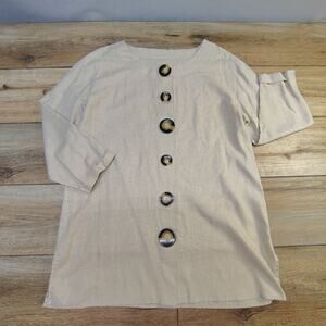 Peck & Peck Linen Tunic Blouse Large Tortoise Button Beige Coastal Lagenlook